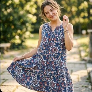 LOFT Size XL Floral Drop Waist Dress Blue Orange Boho Sleeveless Rayon Ruffle